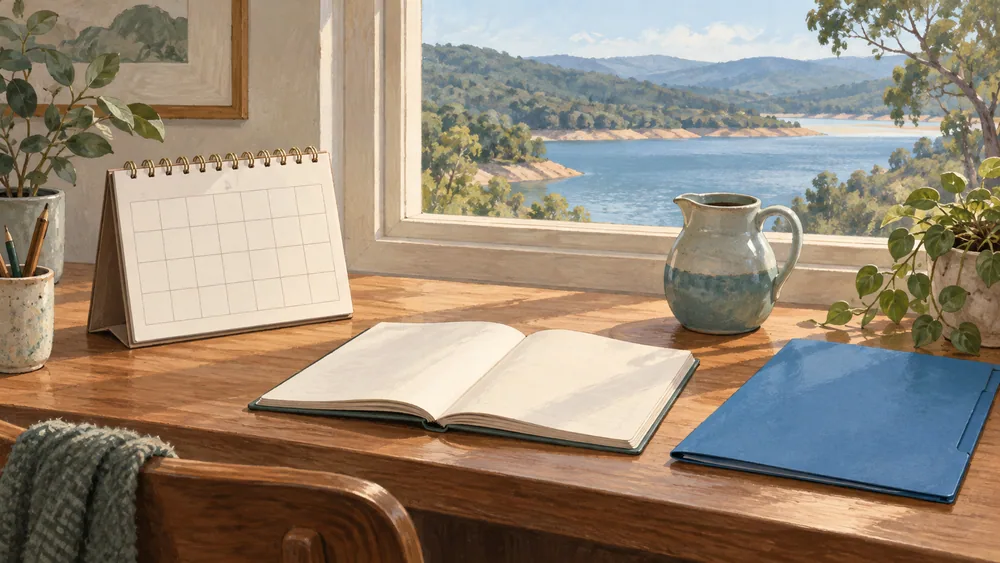 Blank grid calendar, open notebook, plain blue folder and ceramic jug beside an imagined reservoir view.
