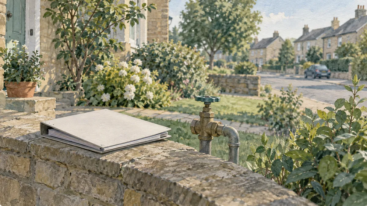 A blank maintenance folder and generic valve beside an imagined residential garden.