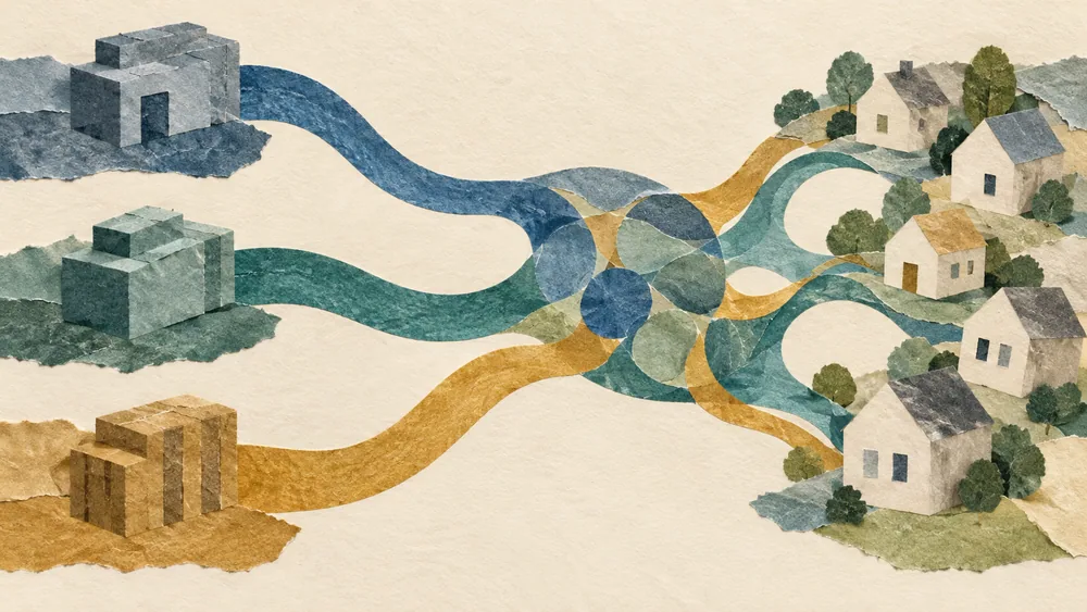 Three anonymous block forms linked by colored ribbons to a paper house network.