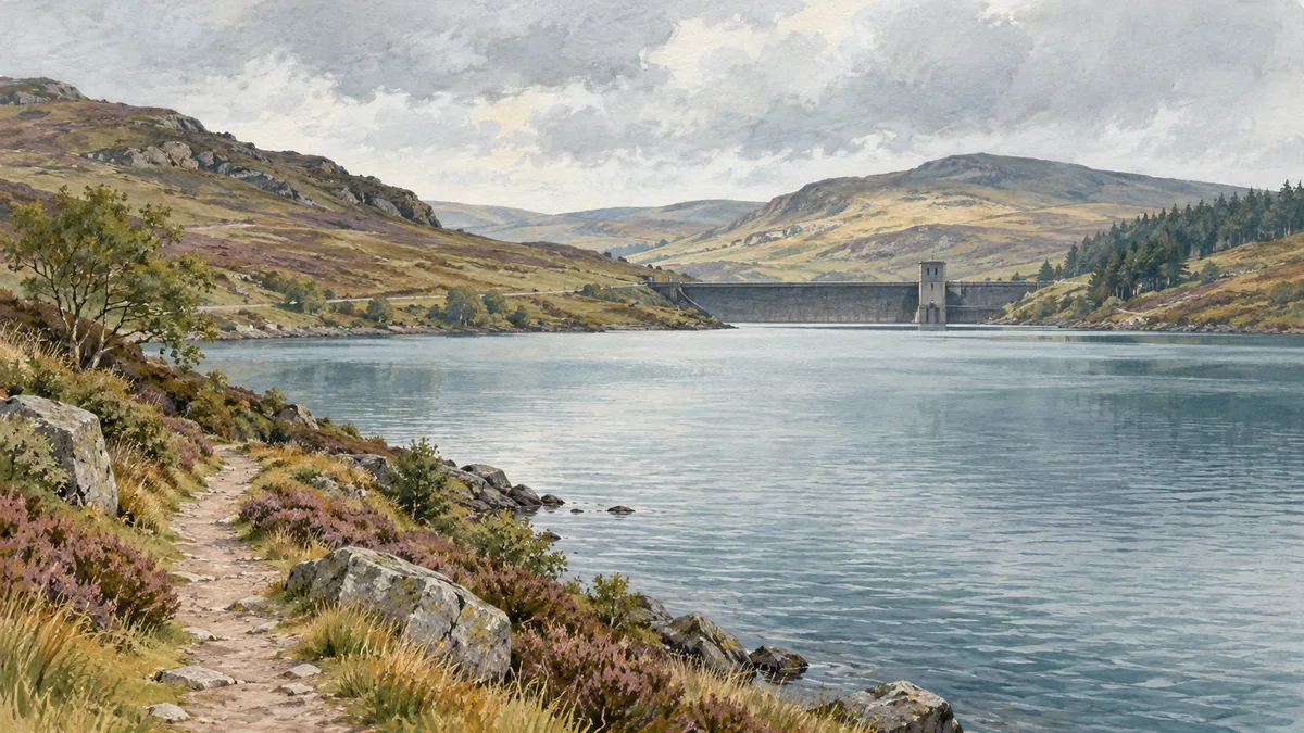 An imagined moorland reservoir with a shore path and a generic dam in the distance.