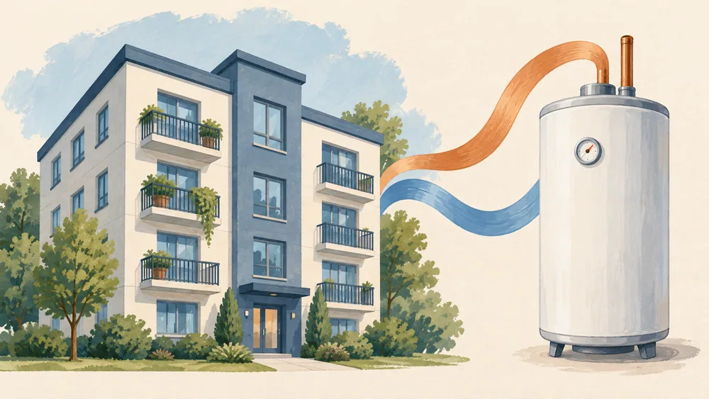 An imagined apartment building beside a heating vessel and coloured ribbons.