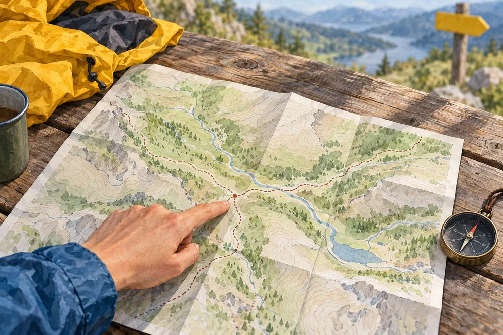 Illustration of a hand pointing to a junction on a fictional hiking map beside a compass and rain jacket.