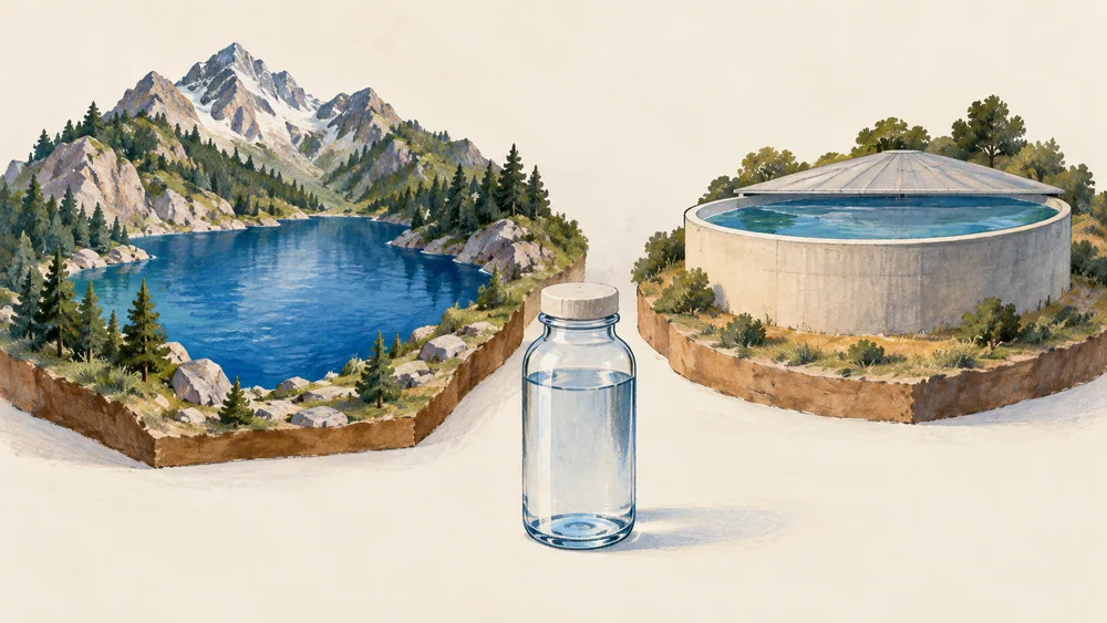 Illustrated tabletop models of a mountain lake and a partly covered tank beside a plain bottle.