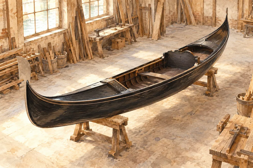 Watercolor illustration of an empty black gondola on wooden supports in a workshop.