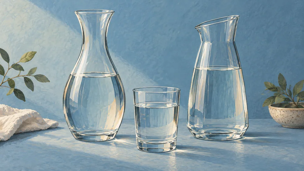 Two differently shaped clear carafes stand beside a water glass.