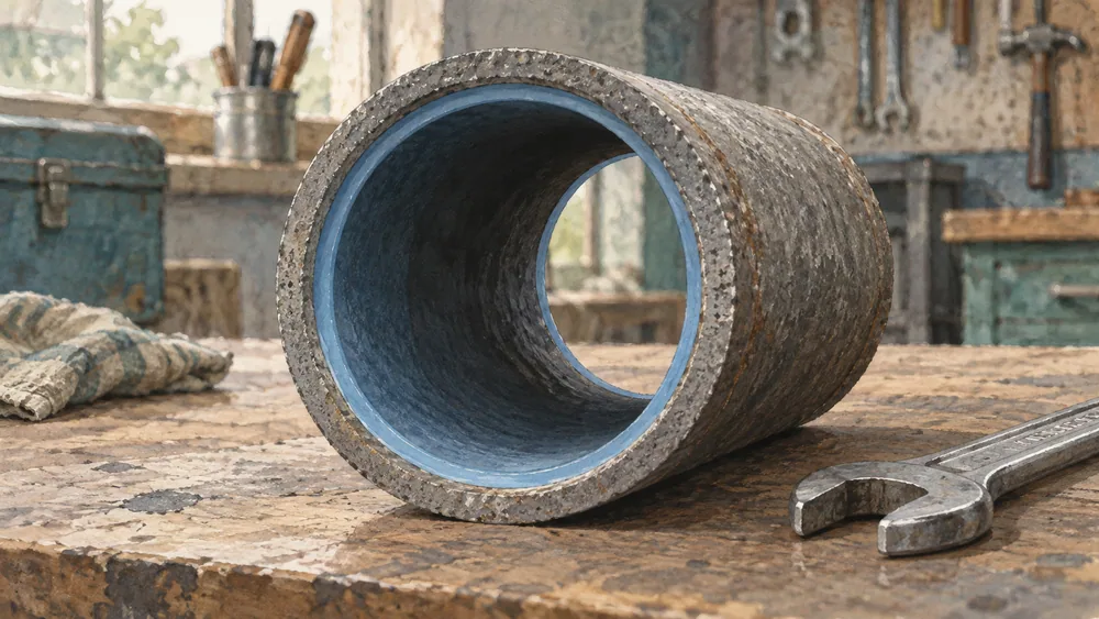 A hollow iron pipe section with a blue inner lining beside a wrench.