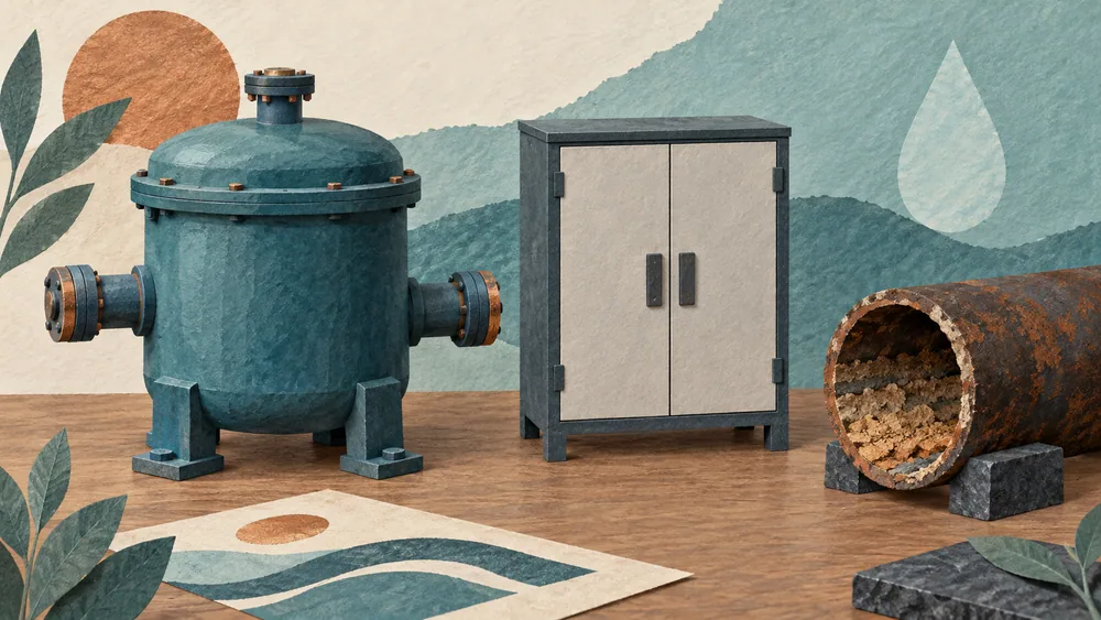 Illustration of a closed treatment vessel, a separate cabinet and a disconnected section of old iron pipe.