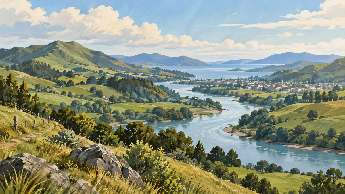 An imagined river winds through green hills towards a distant town.