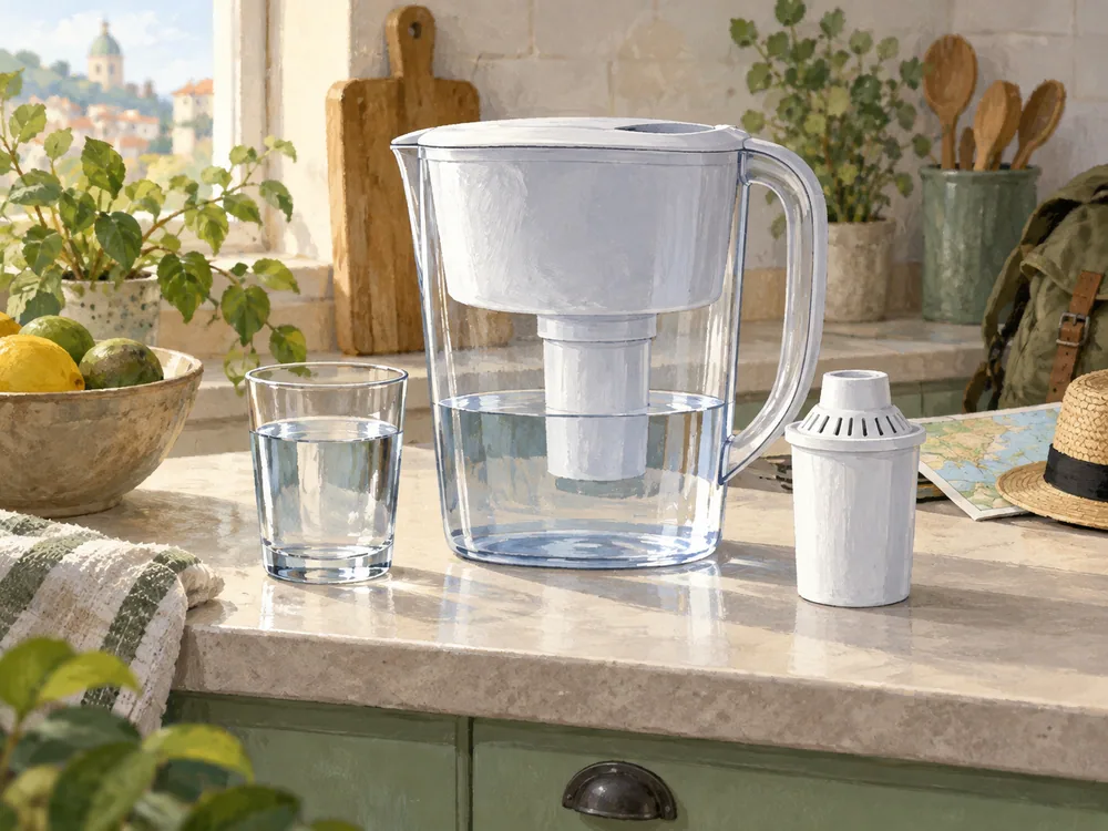 An unbranded filter pitcher, drinking glass and replacement cartridge sit on an illustrated kitchen counter.