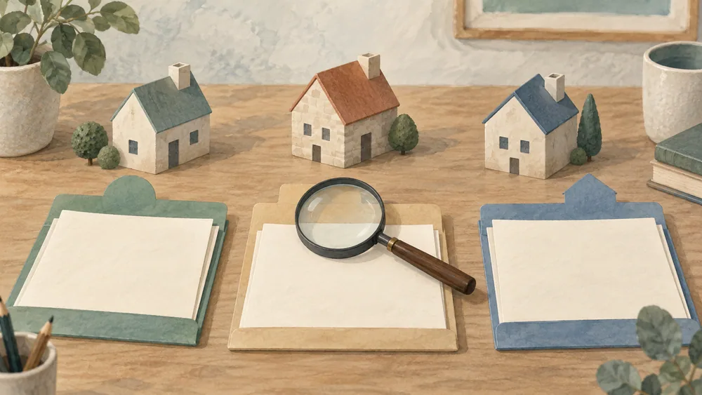 Three house models behind blank folders, with a magnifying glass over one folder.