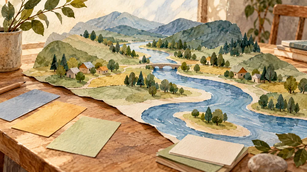 Blank planning cards and a fictional river-landscape model sit on a table.