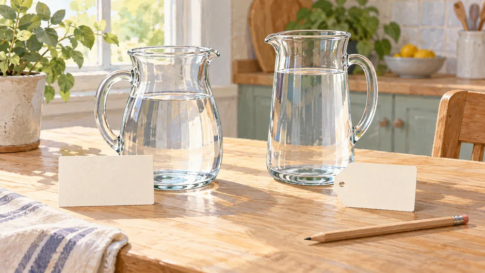 Two separate clear jugs, each beside its own blank paper label, on a wooden kitchen table.