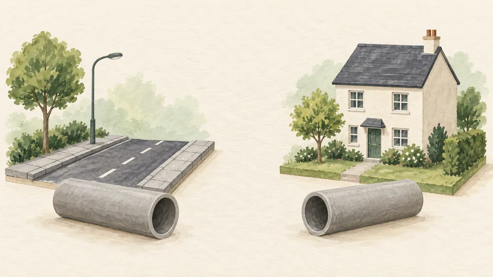 Two generic pipe sections beside small models of a street and a house.
