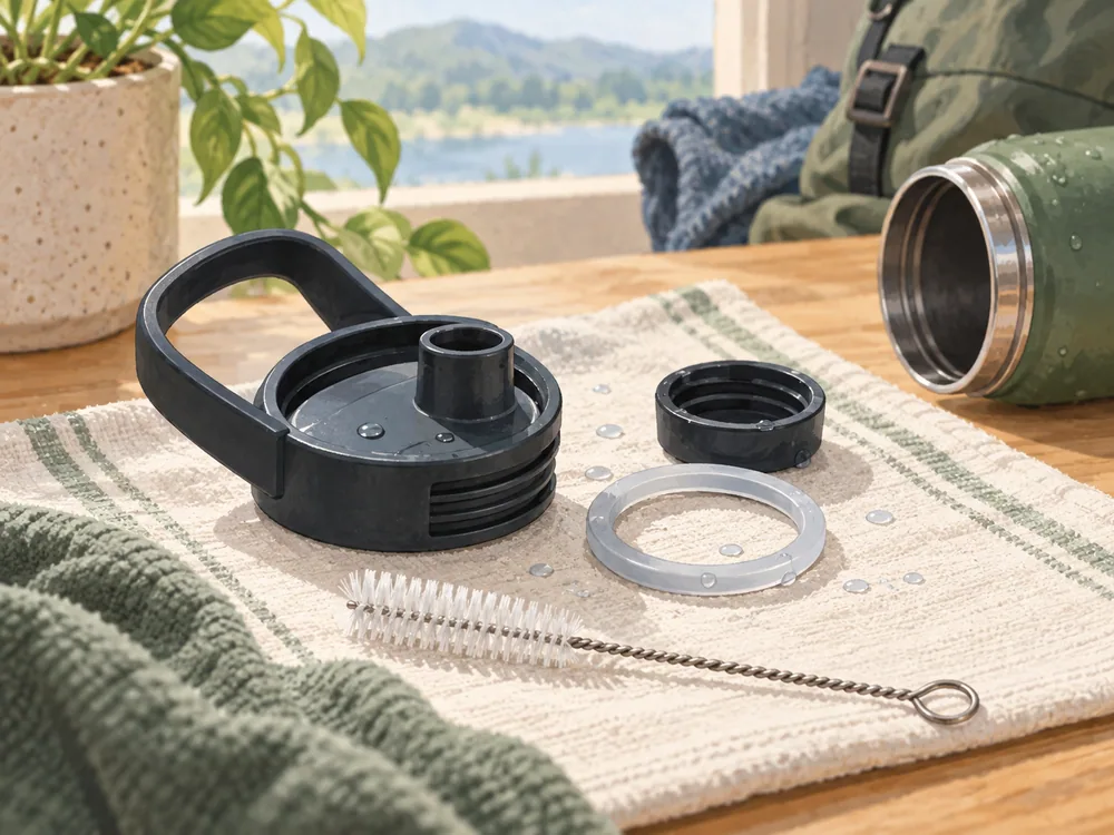 Illustrated bottle lid and removable gasket laid out on a drying surface beside a small cleaning brush.