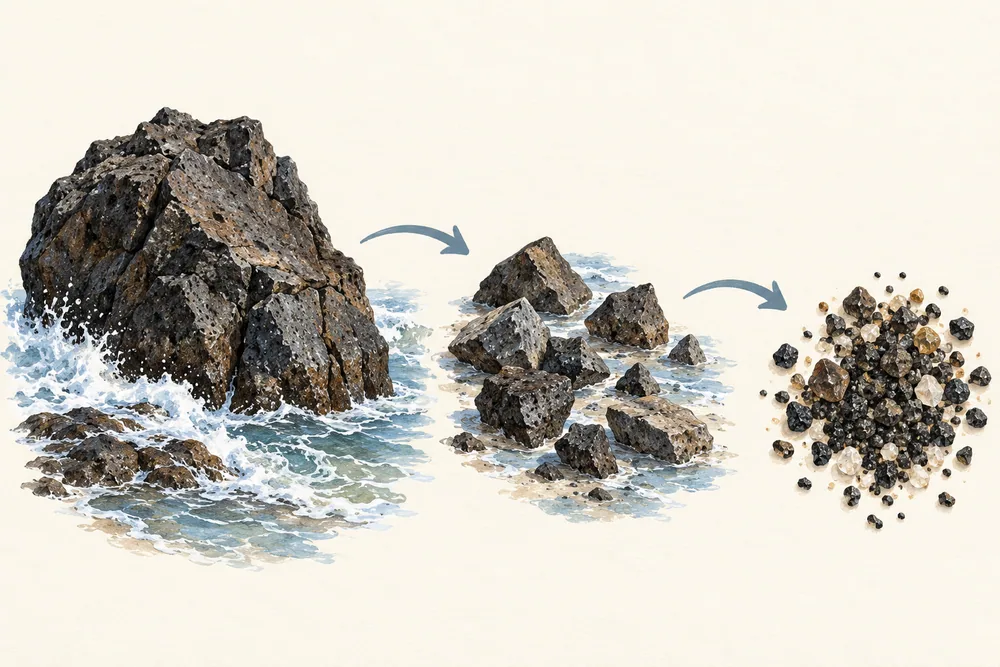 A dark coastal rock, smaller fragments and a cluster of dark and pale grains in a wordless illustration.