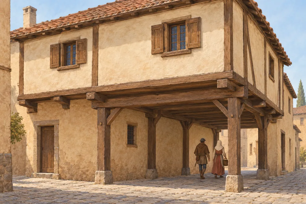 Illustrated reconstruction of an upper room projecting above a pedestrian passage on timber posts and beams.