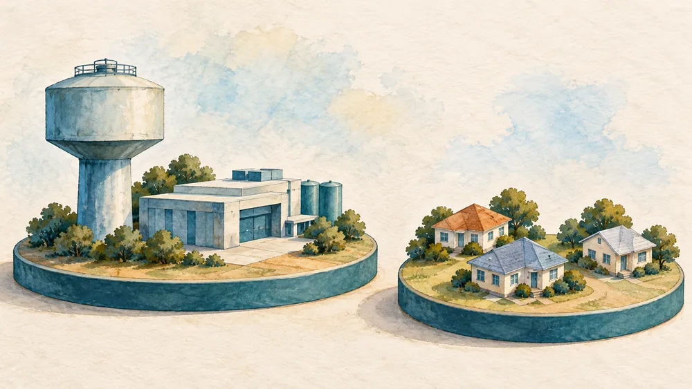 Generated illustration of a storage and treatment model on one display base and houses on another.