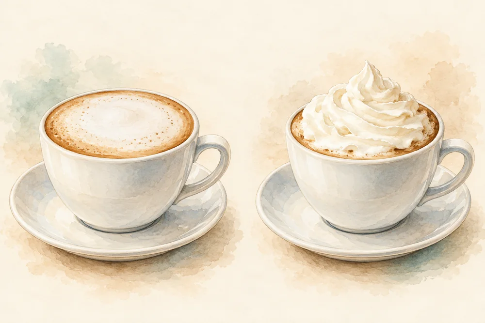 Two illustrated coffee cups, with milk foam on the left and a tall swirl of whipped cream on the right.