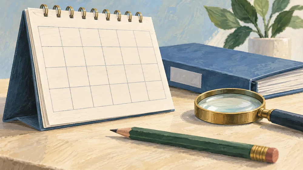 A blank calendar beside a blue folder and magnifying glass.