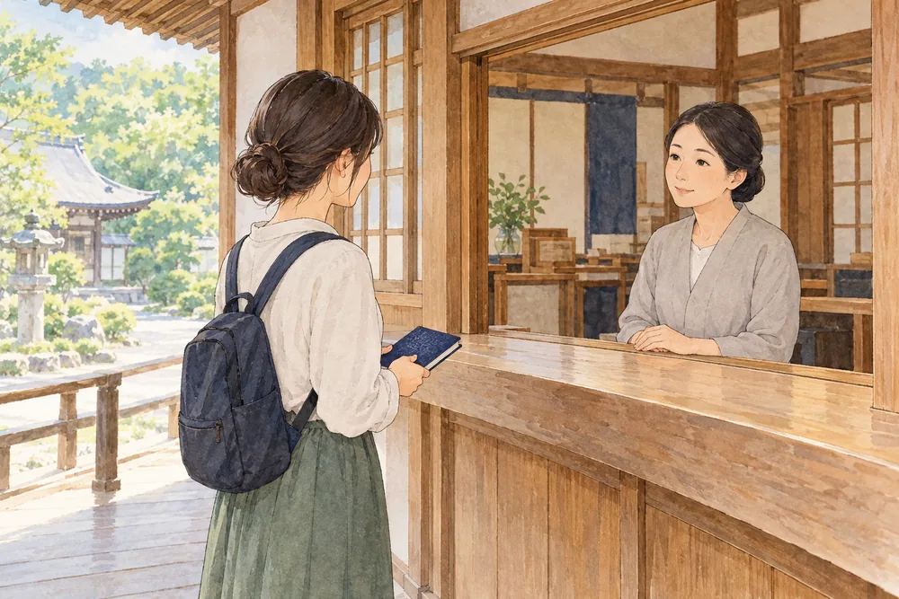 Visitor holding a closed goshuincho while speaking with an attendant at a wooden office counter.