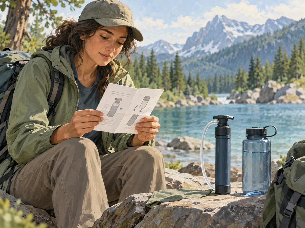 An illustrated traveler examines a plain instruction leaflet beside a portable filter and refillable bottle.