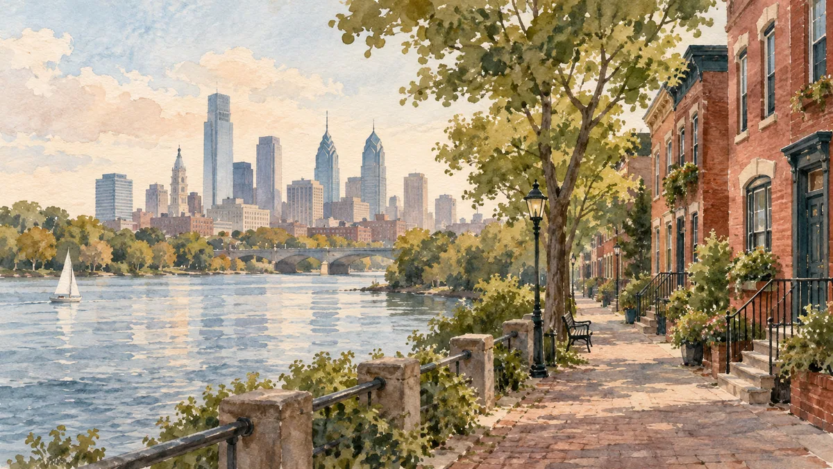 Painted riverside row houses beneath an invented city skyline.