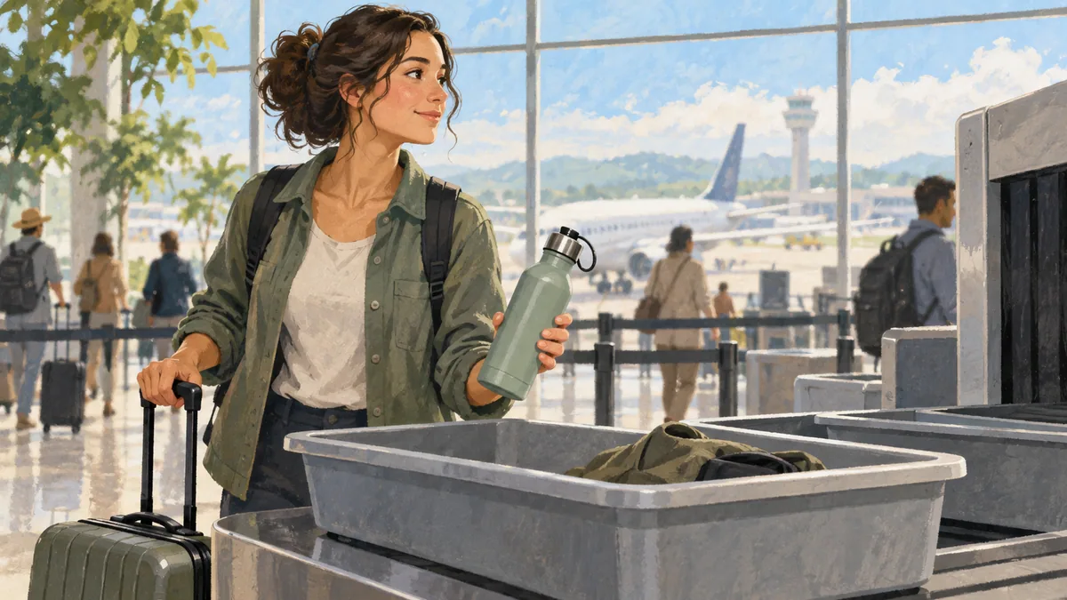 Illustrated traveler holding a reusable bottle beside luggage in an airport interior.