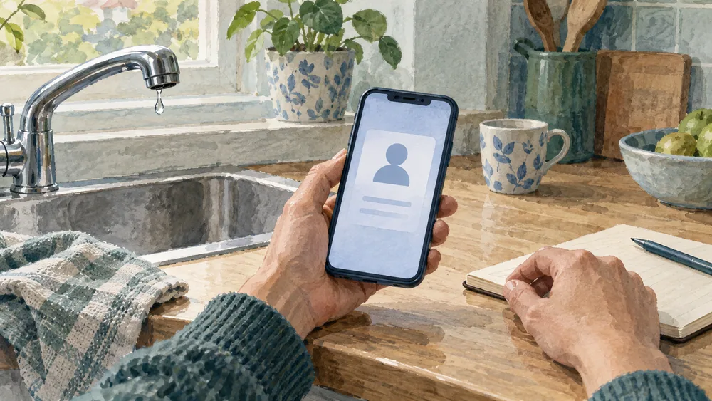 A hand holds a phone beside a dripping tap and an open notebook.