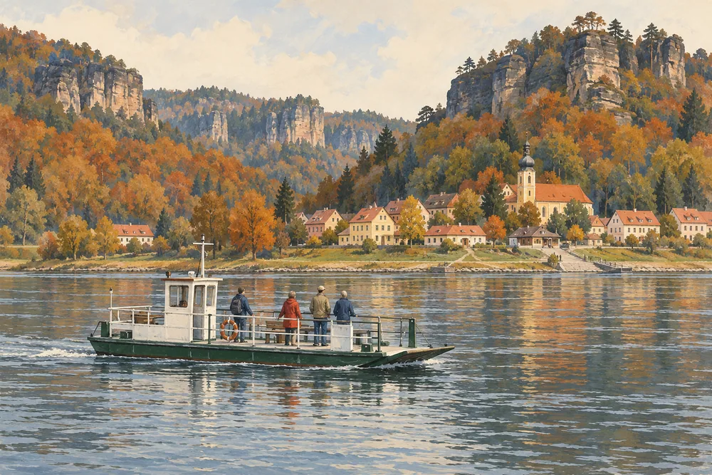 Illustrated pedestrian ferry carrying passengers across a river beside an autumn village.