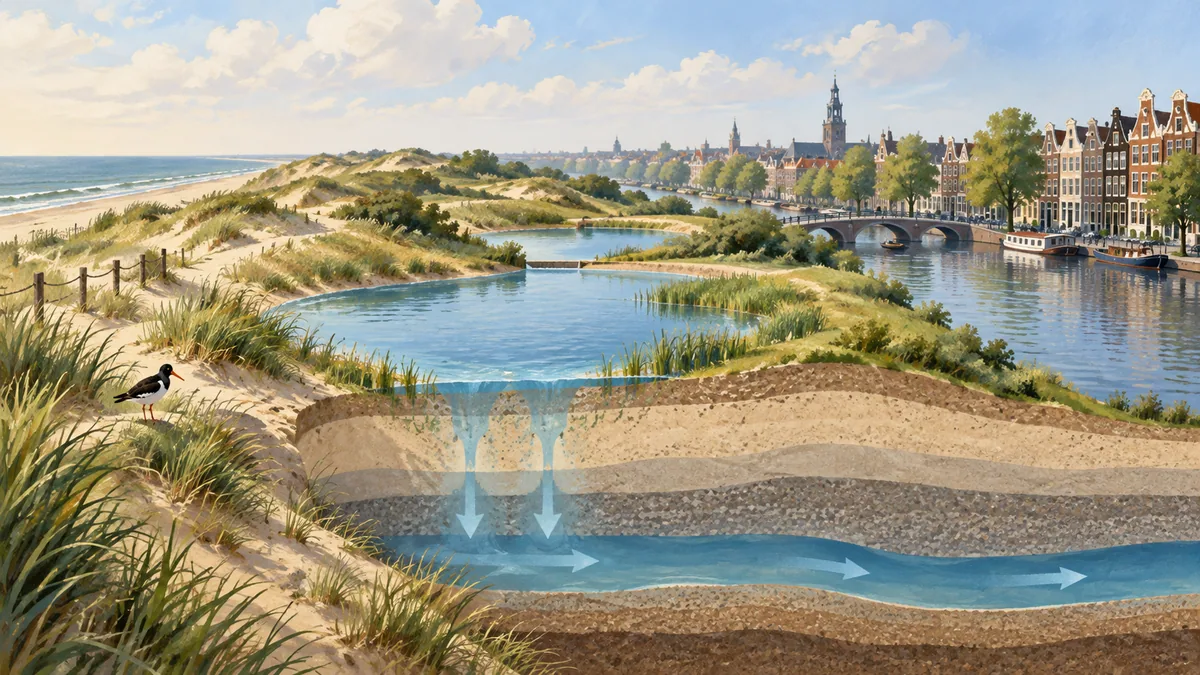 Conceptual Dutch dune landscape with an infiltration basin and distant Amsterdam-like canal houses.