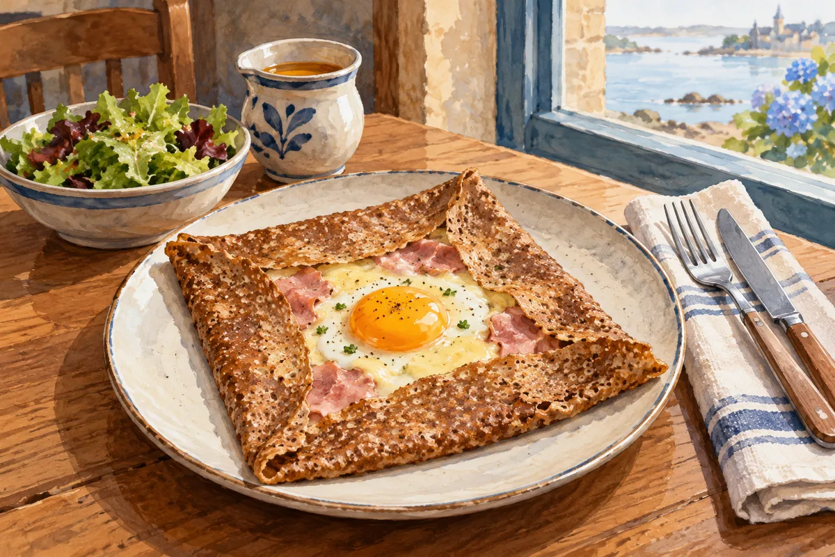Illustration of a square-folded galette with egg, ham and melted cheese on a crêperie table.