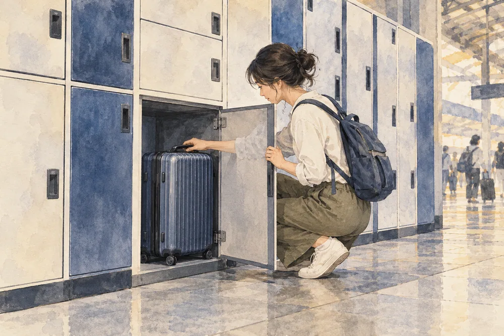 Illustration of a traveller checking a suitcase inside an open floor-level locker while keeping a daypack on.