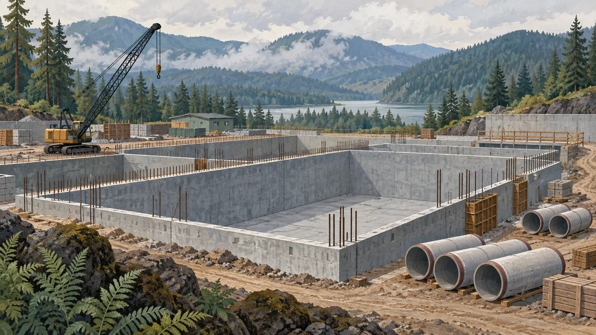 Illustration of empty unfinished concrete basins, a stationary crane and pipe sections in an invented forest landscape.