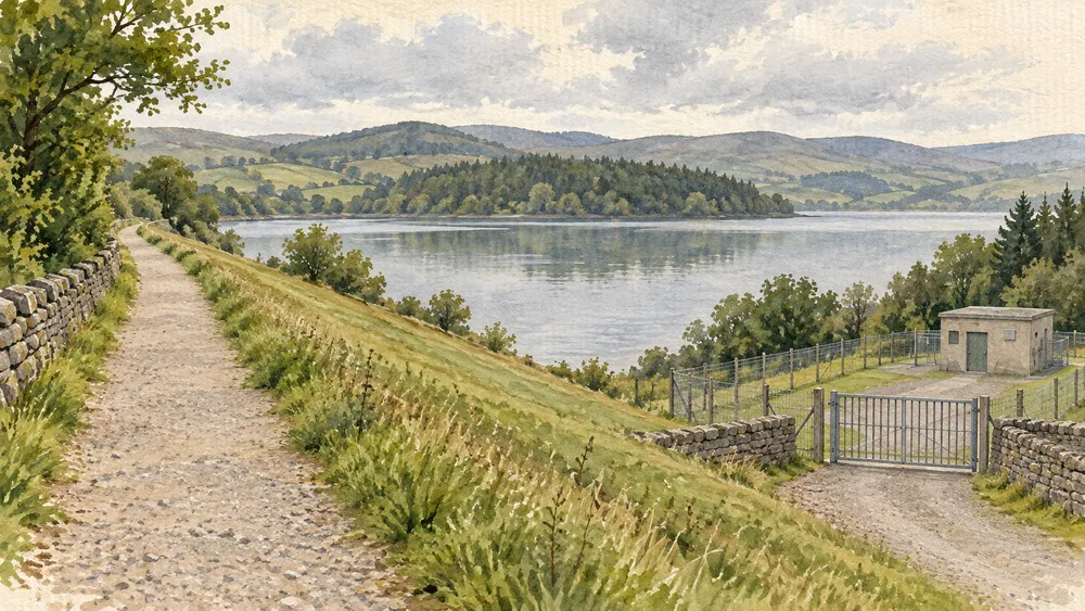 An imagined reservoir path passes above a separate fenced service entrance and small building.