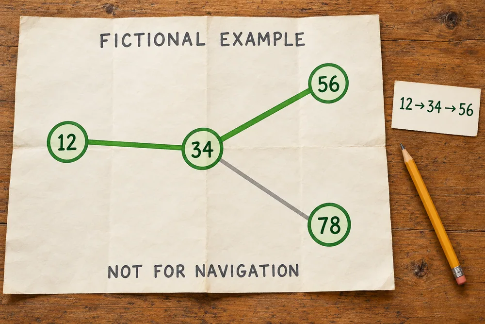 Fictional paper route map with a green line joining 12, 34 and 56, a grey branch to 78 and the same sequence written beside it.