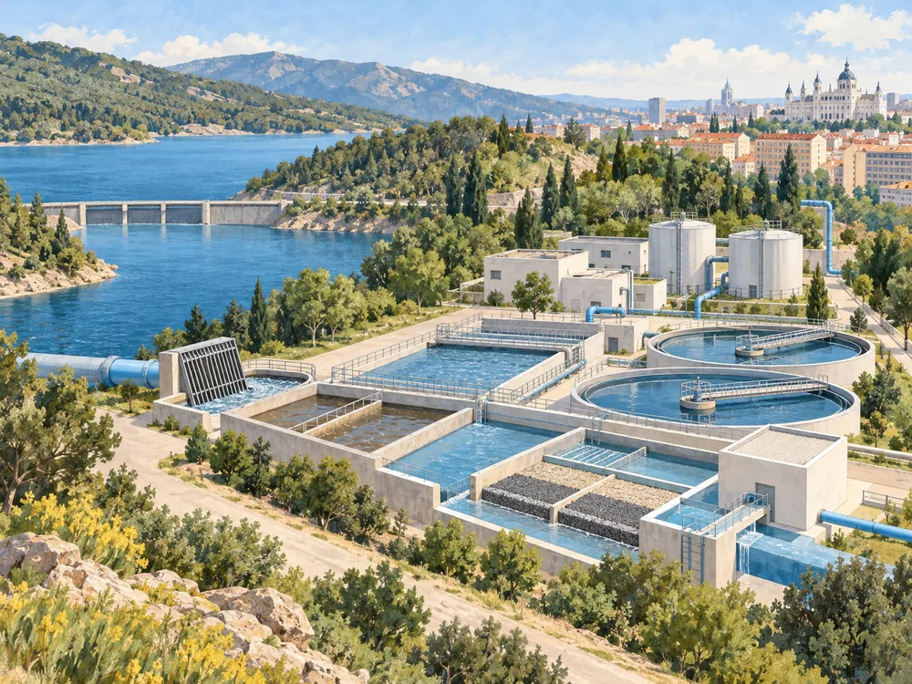 Conceptual treatment works with distinct equipment stages between an illustrated reservoir and city buildings.