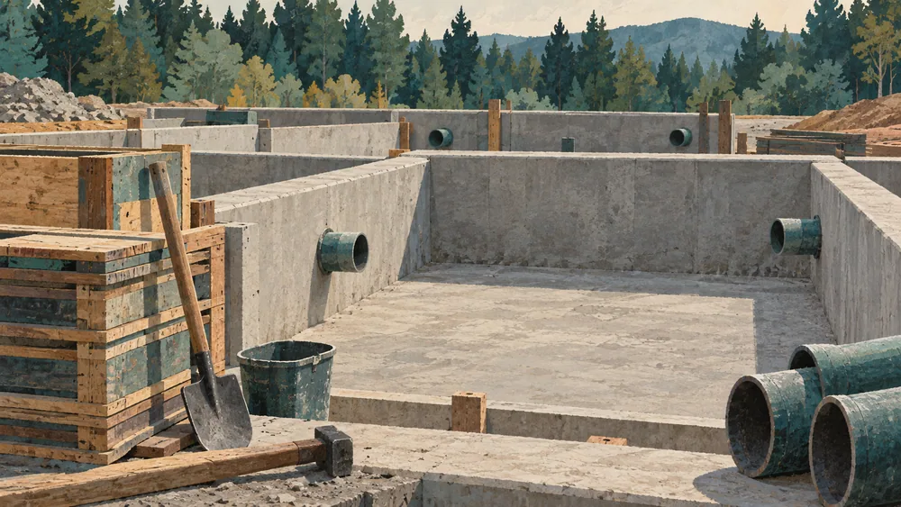 Illustration of dry unfinished concrete basin walls with pipe stubs, stacked formwork and resting tools.