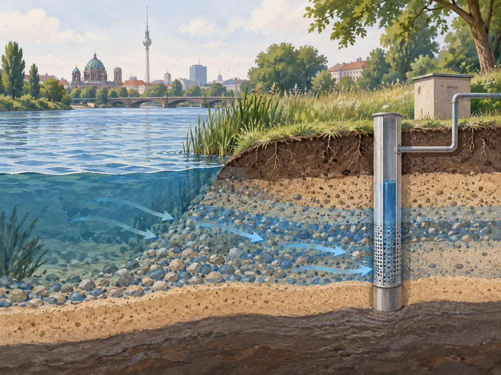 Conceptual cutaway showing a riverbank, layered soil and a nearby well in an illustrated landscape.