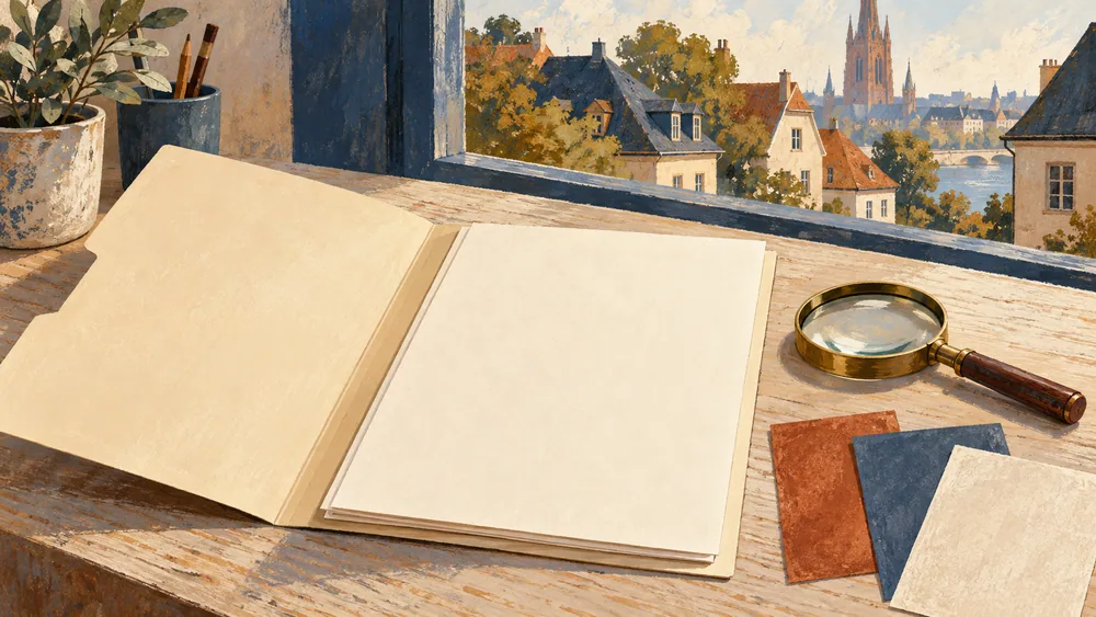 A blank open folder, magnifying glass and coloured paper swatches.