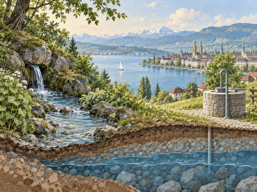 Conceptual landscape combining a lake, a spring and a groundwater well in one illustrated water-supply scene.