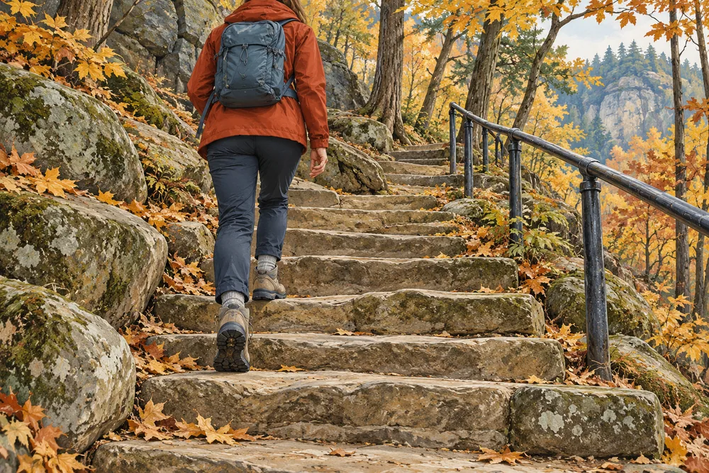 Illustration of a hiker in a rain jacket climbing stone steps beside a handrail in autumn woodland.