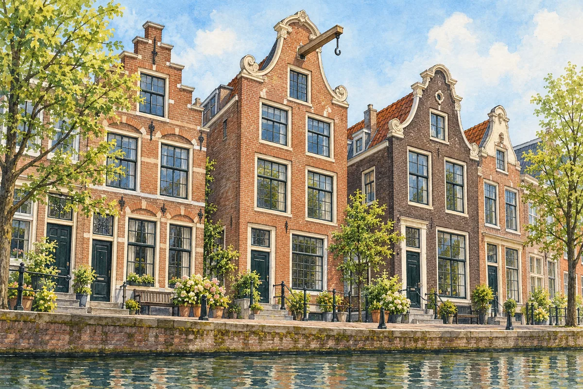 Watercolor illustration of Amsterdam-style canal houses with a wooden hoisting beam and hook above an upper window.