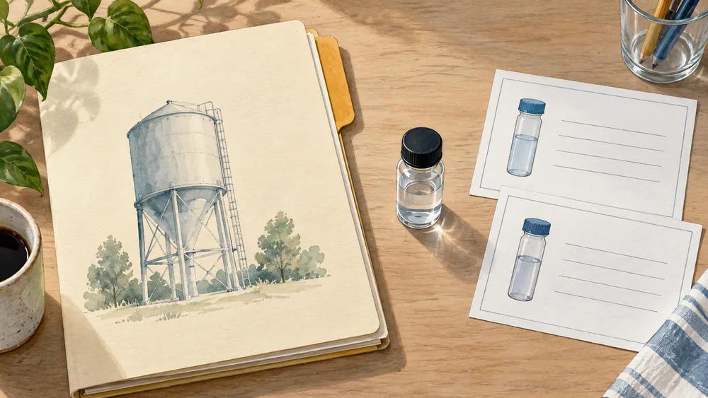 Generated illustration of an equipment-planning folder beside separate laboratory record cards.