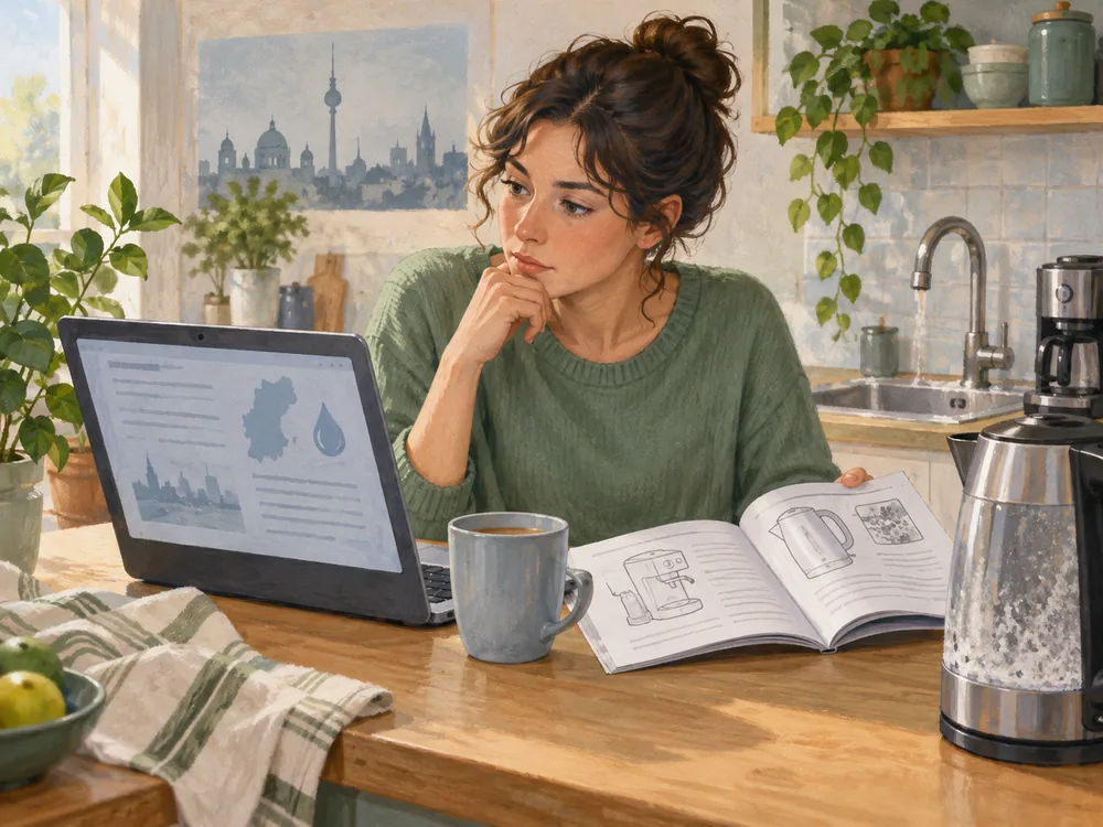 Illustrated person checking an unreadable laptop and an appliance manual on a kitchen counter.