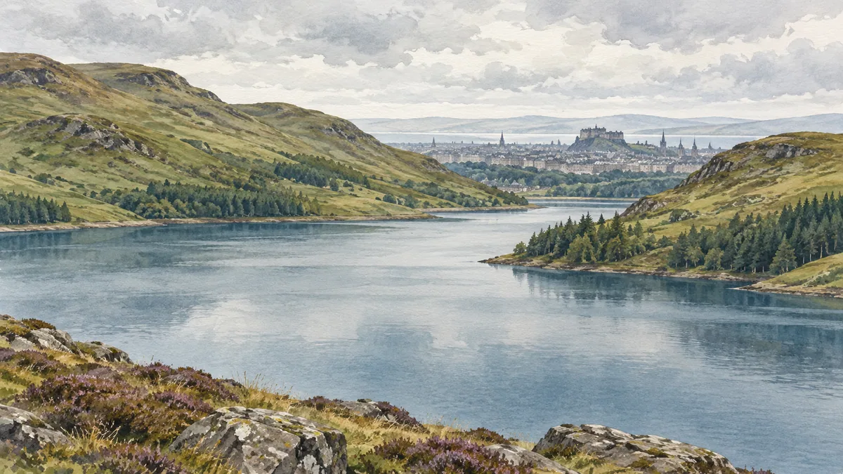 Painted reservoir between green hills with an imagined Edinburgh-inspired skyline in the distance.