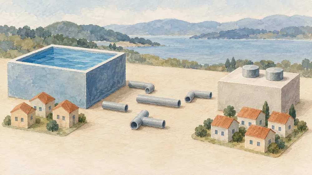 Small house models and generic storage blocks sit beside loose pipe pieces.
