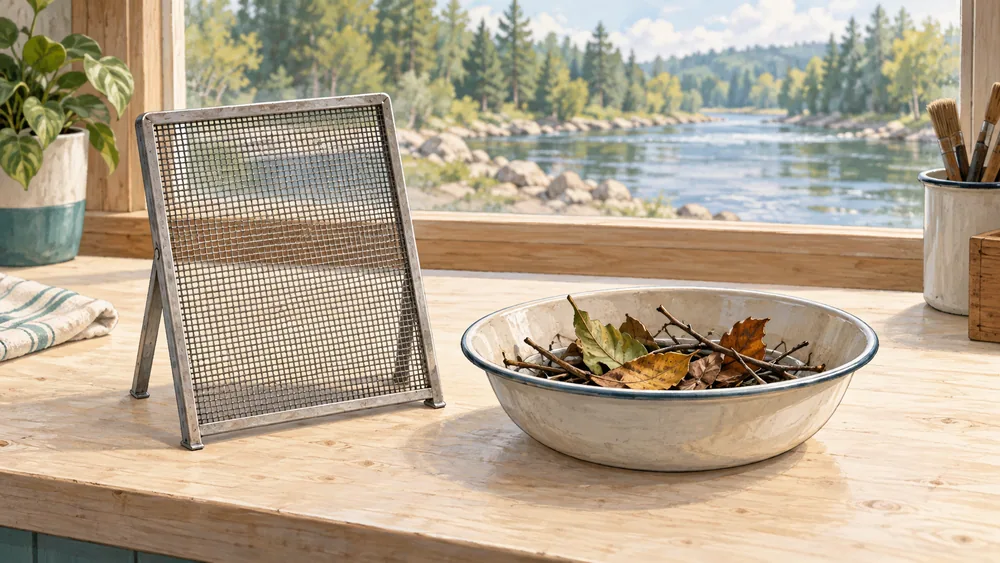 Standalone metal mesh screen beside a bowl of leaves and twigs, with an imagined river beyond a window.
