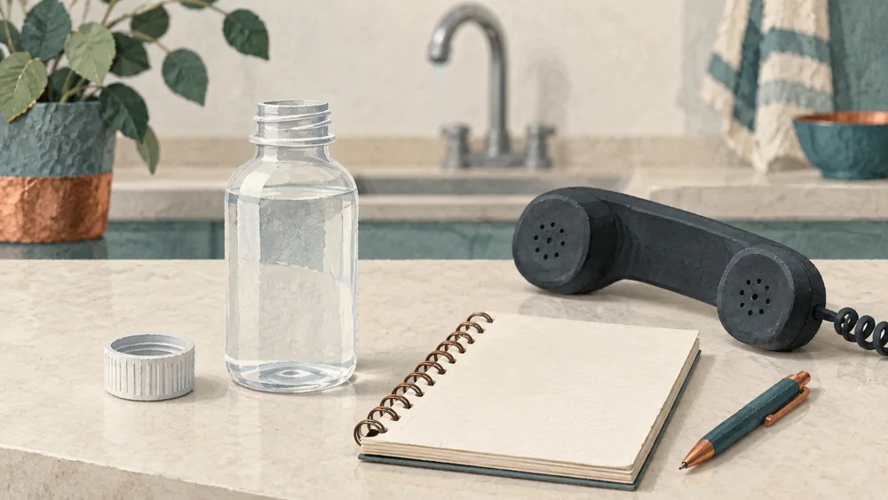 Illustration of an open unlabelled bottle, a blank notebook and a telephone handset beside a tap.