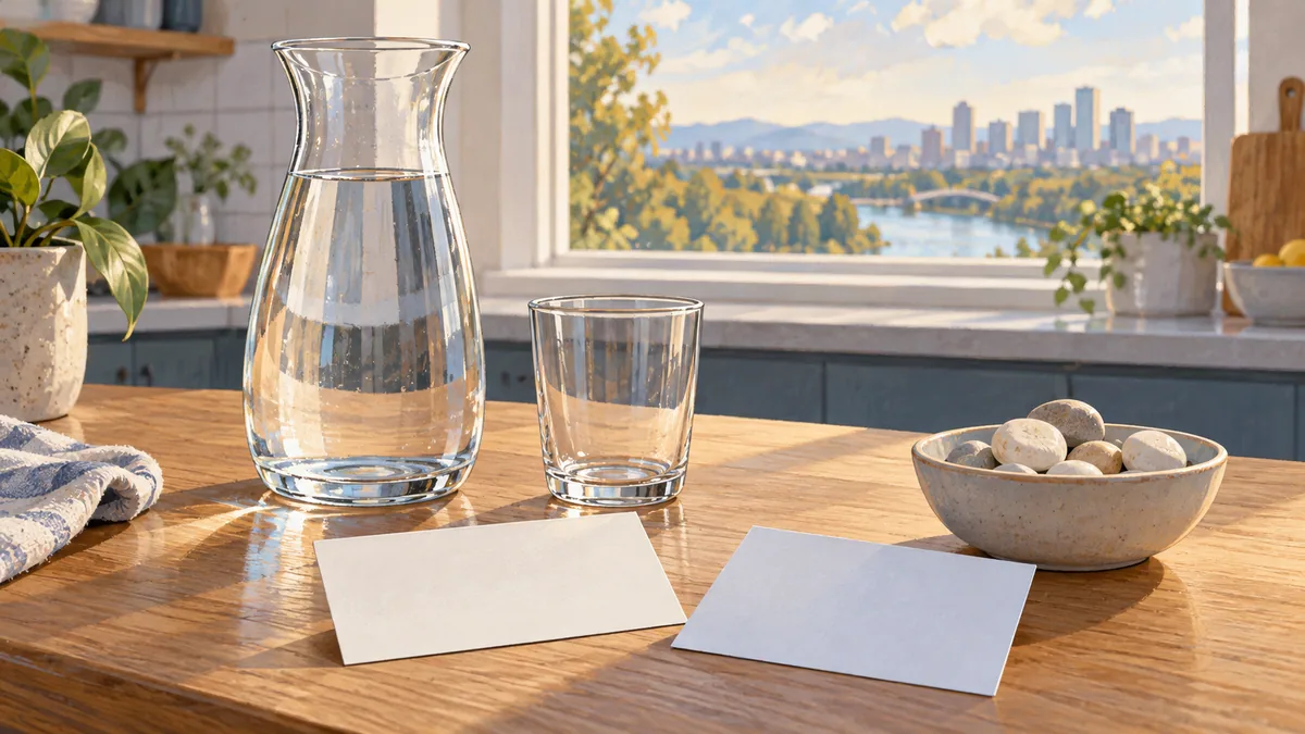 Water carafe, glass, two blank cards and decorative pale stones in an imagined kitchen.