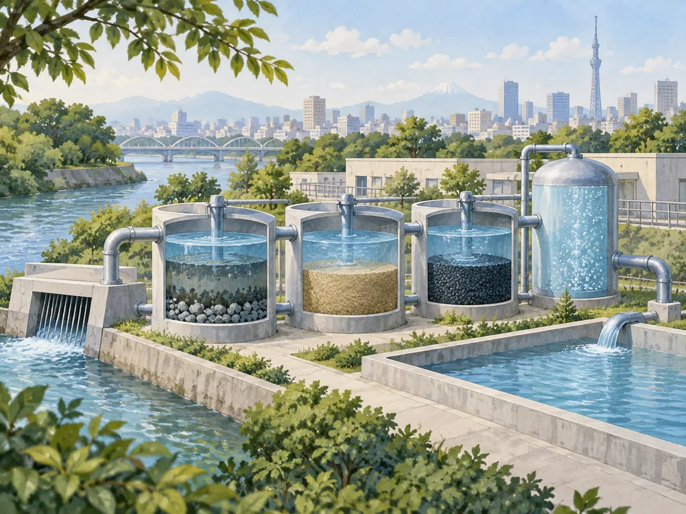 Illustrated outdoor treatment works with cutaway vessels showing gravel, sand, dark media and bubbles.